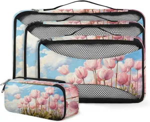 4 Set Packing Cubes for Suitcases, Travel Essentials for Carry on Luggage, Artistic Tulips Suitcase Organizers for Clothes Shoes Toiletries Travel Accessories in 4 Sizes - Watercolor Tulips