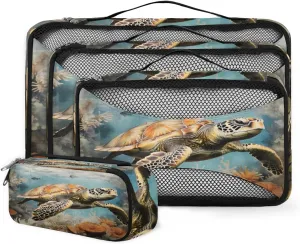 4 Set Packing Cubes for Suitcases, Travel Essentials for Carry on Luggage, Artistic Turtle Suitcase Organizers for Clothes Shoes Toiletries Travel Accessories in 4 Sizes - Ocean Turtle