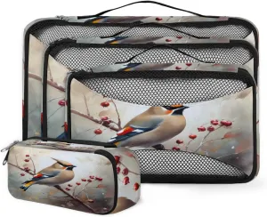 4 Set Packing Cubes for Suitcases, Travel Essentials for Carry on Luggage, Beautiful Bird Suitcase Organizers for Clothes Shoes Toiletries Travel Accessories in 4 Sizes - Flower Bird