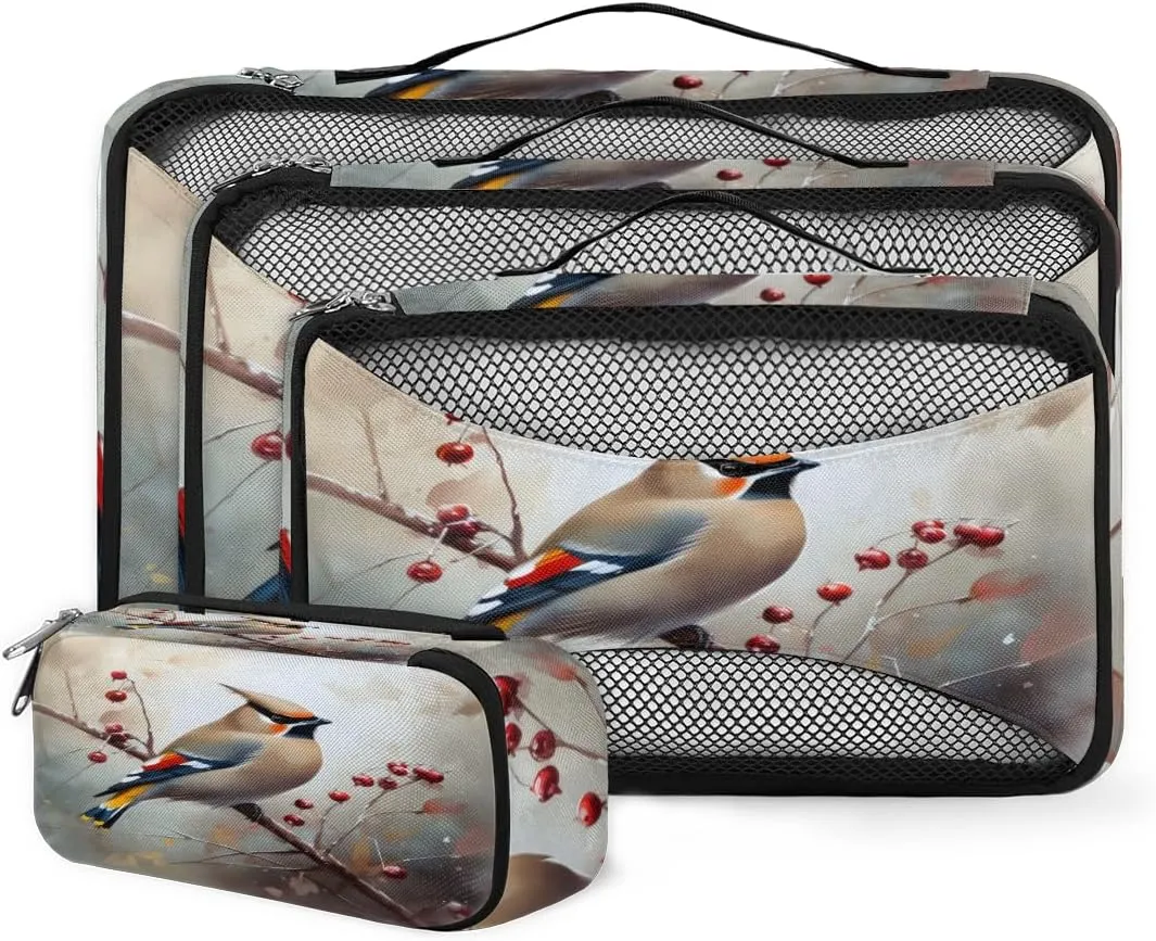 4 Set Packing Cubes for Suitcases, Travel Essentials for Carry on Luggage, Beautiful Bird Suitcase Organizers for Clothes Shoes Toiletries Travel Accessories in 4 Sizes - Flower Bird