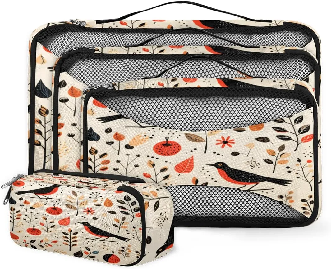 4 Set Packing Cubes for Suitcases, Travel Essentials for Carry on Luggage, Beautiful Bird Suitcase Organizers for Clothes Shoes Toiletries Travel Accessories in 4 Sizes - Pretty Birds