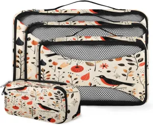 4 Set Packing Cubes for Suitcases, Travel Essentials for Carry on Luggage, Beautiful Bird Suitcase Organizers for Clothes Shoes Toiletries Travel Accessories in 4 Sizes - Pretty Birds