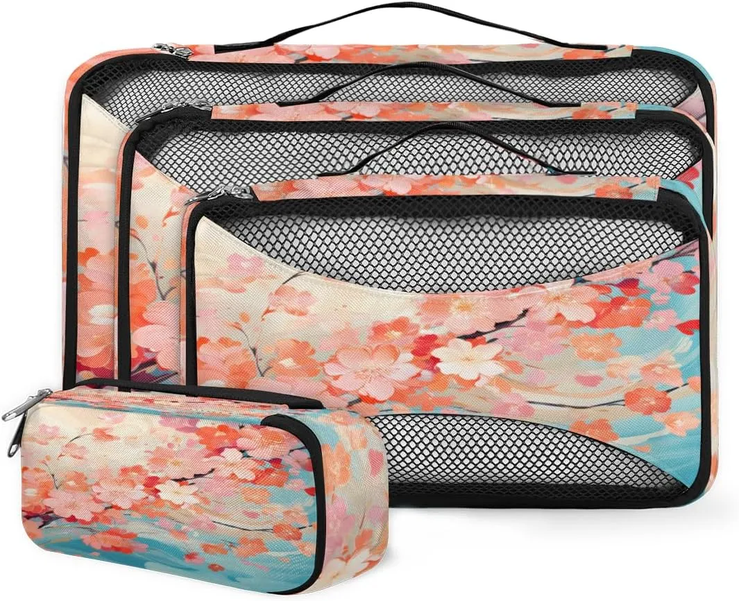 4 Set Packing Cubes for Suitcases, Travel Essentials for Carry on Luggage, Beautiful Flowers Suitcase Organizers for Clothes Shoes Toiletries Travel Accessories in 4 Sizes - Cute Flowers