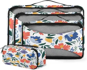 4 Set Packing Cubes for Suitcases, Travel Essentials for Carry on Luggage, Beautiful Flowers Suitcase Organizers for Clothes Shoes Toiletries Travel Accessories in 4 Sizes - Retro Flowers