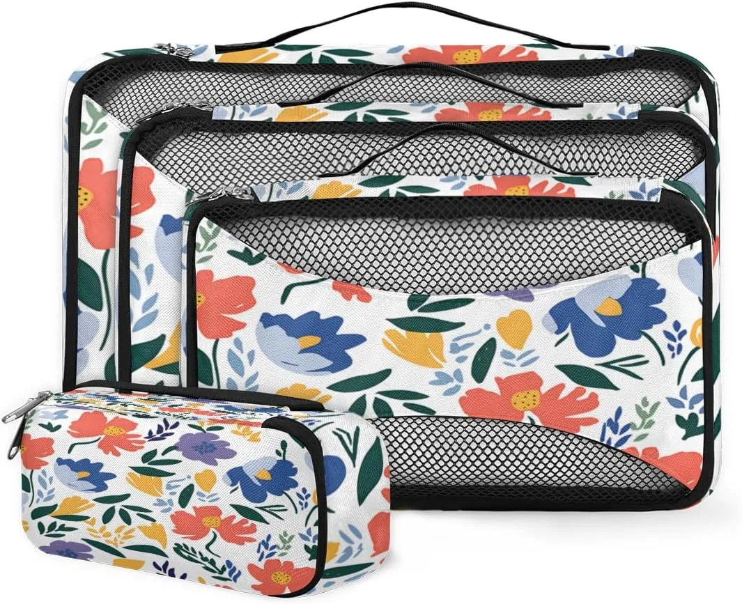 4 Set Packing Cubes for Suitcases, Travel Essentials for Carry on Luggage, Beautiful Flowers Suitcase Organizers for Clothes Shoes Toiletries Travel Accessories in 4 Sizes - Retro Flowers