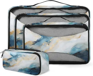4 Set Packing Cubes for Suitcases, Travel Essentials for Carry on Luggage, Blue Gold Marble Suitcase Organizers for Clothes Shoes Toiletries Travel Accessories in 4 Sizes - Graffiti Marble