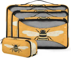 4 Set Packing Cubes for Suitcases, Travel Essentials for Carry on Luggage, Bright Bee Suitcase Organizers for Clothes Shoes Toiletries Travel Accessories in 4 Sizes - Cartoon Bee
