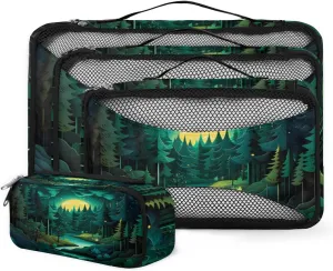 4 Set Packing Cubes for Suitcases, Travel Essentials for Carry on Luggage, Bright Forest Suitcase Organizers for Clothes Shoes Toiletries Travel Accessories in 4 Sizes - Abstract Forest