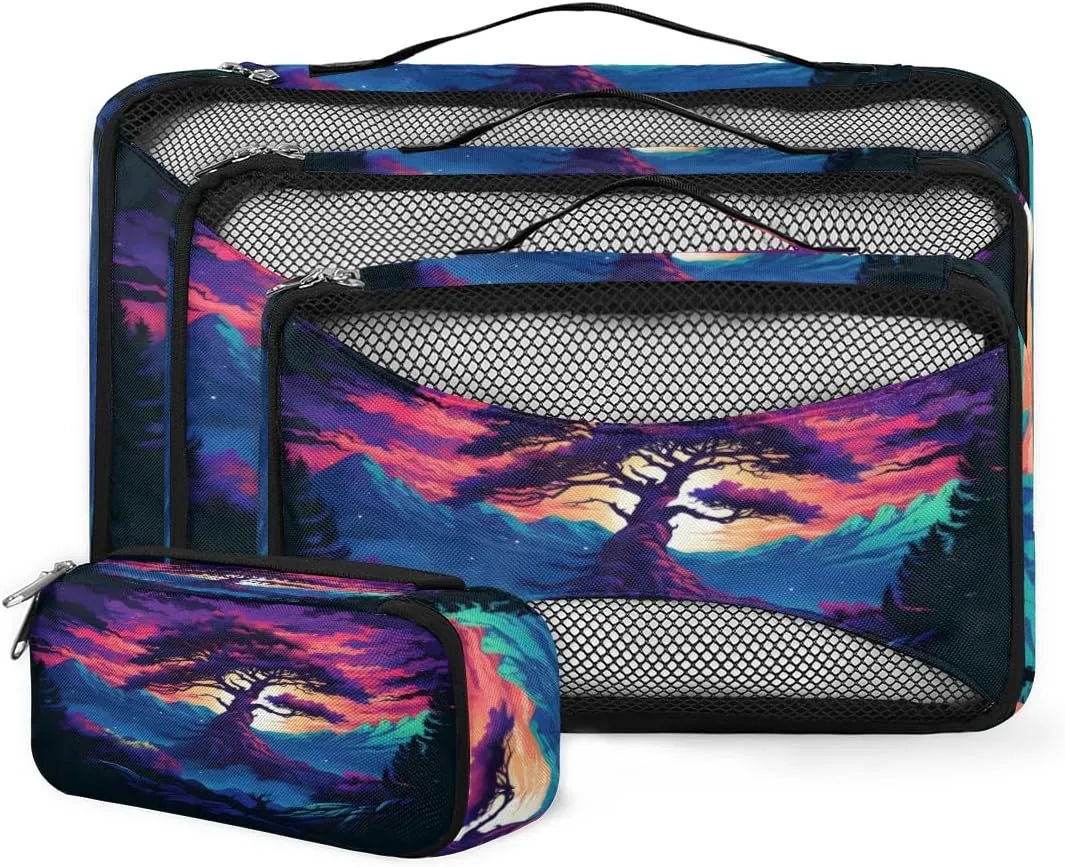 4 Set Packing Cubes for Suitcases, Travel Essentials for Carry on Luggage, Bright Tree Suitcase Organizers for Clothes Shoes Toiletries Travel Accessories in 4 Sizes - Abstract Tree