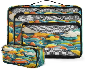 4 Set Packing Cubes for Suitcases, Travel Essentials for Carry on Luggage, Bright Truck Suitcase Organizers for Clothes Shoes Toiletries Travel Accessories in 4 Sizes - Cartoon Truck