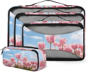 4 Set Packing Cubes for Suitcases, Travel Essentials for Carry on Luggage, Bright Tulips Suitcase Organizers for Clothes Shoes Toiletries Travel Accessories in 4 Sizes - Watercolor Tulips