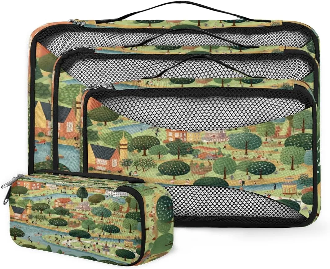 4 Set Packing Cubes for Suitcases, Travel Essentials for Carry on Luggage, Cartoon City Suitcase Organizers for Clothes Shoes Toiletries Travel Accessories in 4 Sizes - Graffiti City