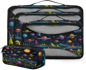 4 Set Packing Cubes for Suitcases, Travel Essentials for Carry on Luggage, Cartoon Galaxy Suitcase Organizers for Clothes Shoes Toiletries Travel Accessories in 4 Sizes - Bright Galaxy