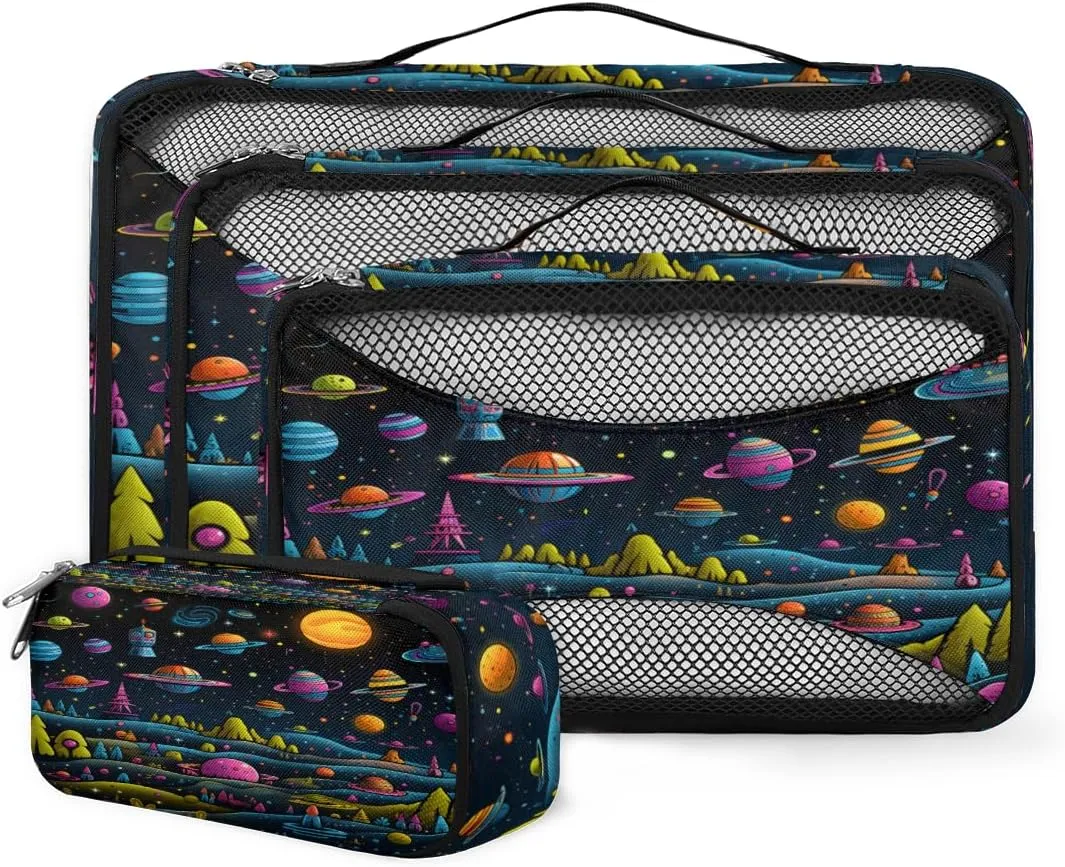 4 Set Packing Cubes for Suitcases, Travel Essentials for Carry on Luggage, Cartoon Galaxy Suitcase Organizers for Clothes Shoes Toiletries Travel Accessories in 4 Sizes - Bright Galaxy