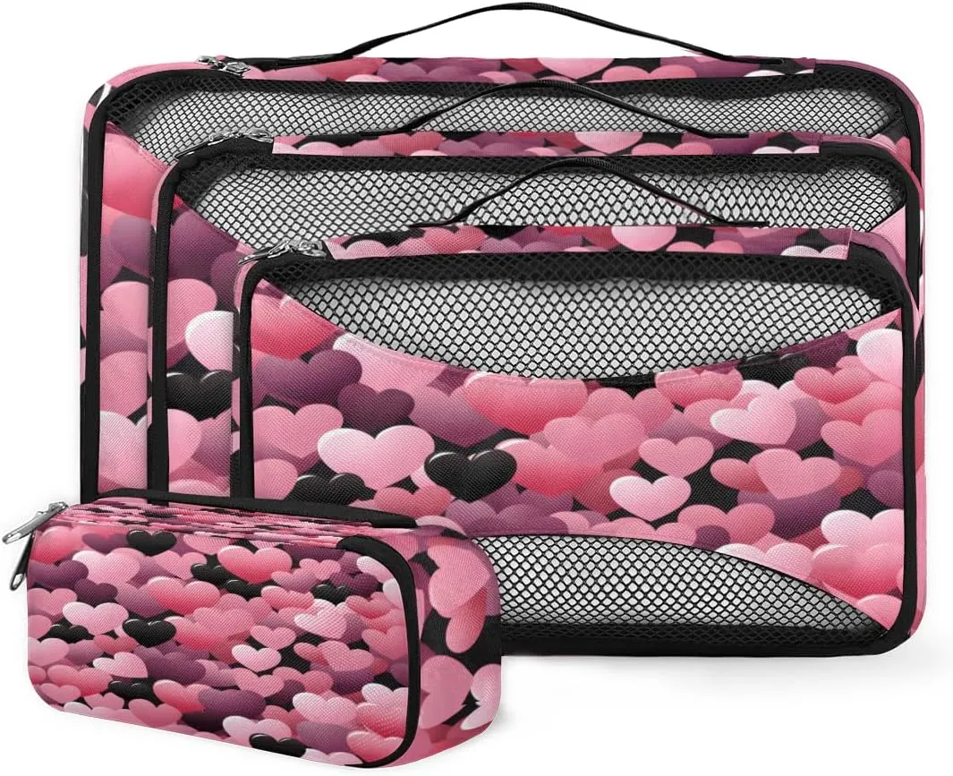 4 Set Packing Cubes for Suitcases, Travel Essentials for Carry on Luggage, Cartoon Heart Suitcase Organizers for Clothes Shoes Toiletries Travel Accessories in 4 Sizes - Fantastic Heart