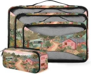 4 Set Packing Cubes for Suitcases, Travel Essentials for Carry on Luggage, Cartoon Village Suitcase Organizers for Clothes Shoes Toiletries Travel Accessories in 4 Sizes - Fantastic Village