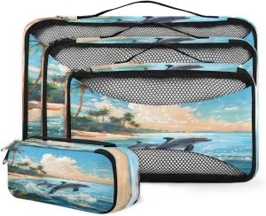 4 Set Packing Cubes for Suitcases, Travel Essentials for Carry on Luggage, Coconut tree Suitcase Organizers for Clothes Shoes Toiletries Travel Accessories in 4 Sizes - Dolphin