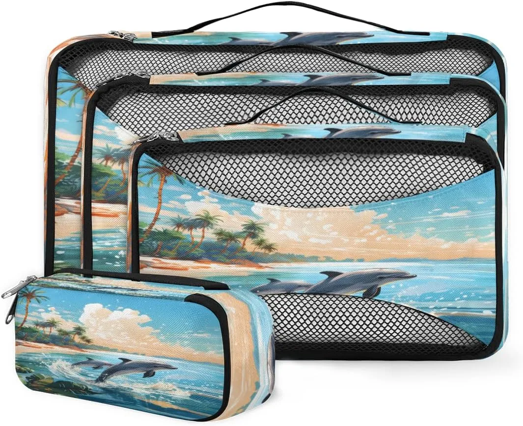 4 Set Packing Cubes for Suitcases, Travel Essentials for Carry on Luggage, Coconut tree Suitcase Organizers for Clothes Shoes Toiletries Travel Accessories in 4 Sizes - Dolphin