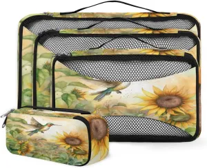 4 Set Packing Cubes for Suitcases, Travel Essentials for Carry on Luggage, Colorful Bird Suitcase Organizers for Clothes Shoes Toiletries Travel Accessories in 4 Sizes - Flower Bird