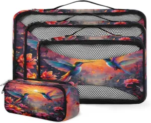 4 Set Packing Cubes for Suitcases, Travel Essentials for Carry on Luggage, Colorful Bird Suitcase Organizers for Clothes Shoes Toiletries Travel Accessories in 4 Sizes - Romantic Bird