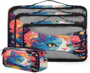4 Set Packing Cubes for Suitcases, Travel Essentials for Carry on Luggage, Colorful Cat Suitcase Organizers for Clothes Shoes Toiletries Travel Accessories in 4 Sizes - Graffiti Cat
