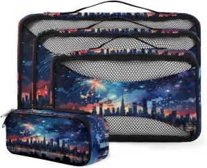4 Set Packing Cubes for Suitcases, Travel Essentials for Carry on Luggage, Colorful City Suitcase Organizers for Clothes Shoes Toiletries Travel Accessories in 4 Sizes - Night City