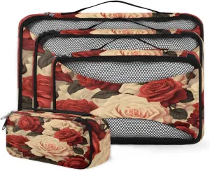 4 Set Packing Cubes for Suitcases, Travel Essentials for Carry on Luggage, Colorful Flower Suitcase Organizers for Clothes Shoes Toiletries Travel Accessories in 4 Sizes - Romantic Flower