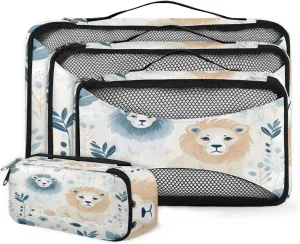4 Set Packing Cubes for Suitcases, Travel Essentials for Carry on Luggage, Colorful Lion Suitcase Organizers for Clothes Shoes Toiletries Travel Accessories in 4 Sizes - Watercolor Lion