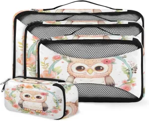 4 Set Packing Cubes for Suitcases, Travel Essentials for Carry on Luggage, Colorful Owl Suitcase Organizers for Clothes Shoes Toiletries Travel Accessories in 4 Sizes - Cartoon Owl