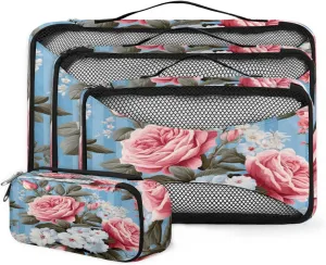 4 Set Packing Cubes for Suitcases, Travel Essentials for Carry on Luggage, Colorful Rose Suitcase Organizers for Clothes Shoes Toiletries Travel Accessories in 4 Sizes - Retro Rose