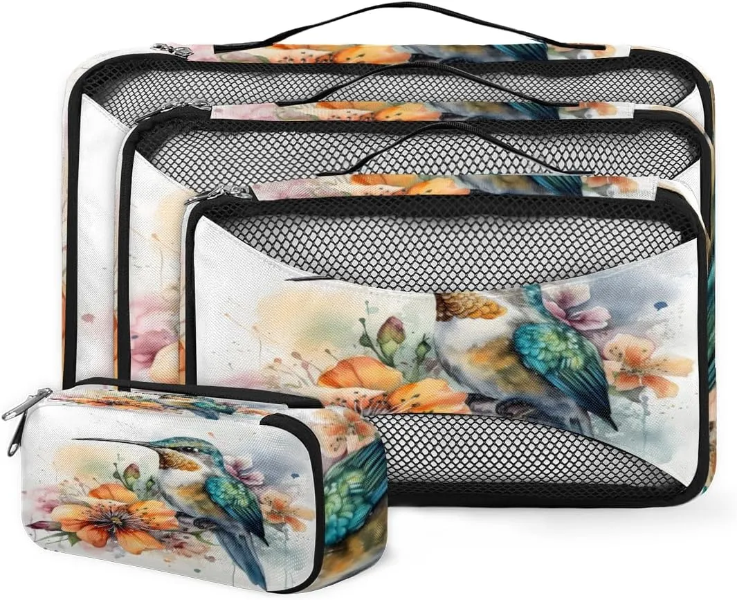 4 Set Packing Cubes for Suitcases, Travel Essentials for Carry on Luggage, Cute Bird Suitcase Organizers for Clothes Shoes Toiletries Travel Accessories in 4 Sizes - Fantastic Bird