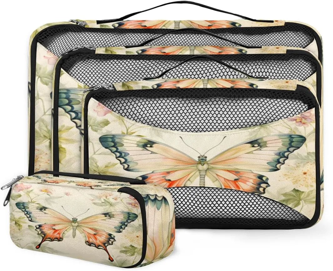 4 Set Packing Cubes for Suitcases, Travel Essentials for Carry on Luggage, Cute Butterfly Suitcase Organizers for Clothes Shoes Toiletries Travel Accessories in 4 Sizes - Retro Butterfly
