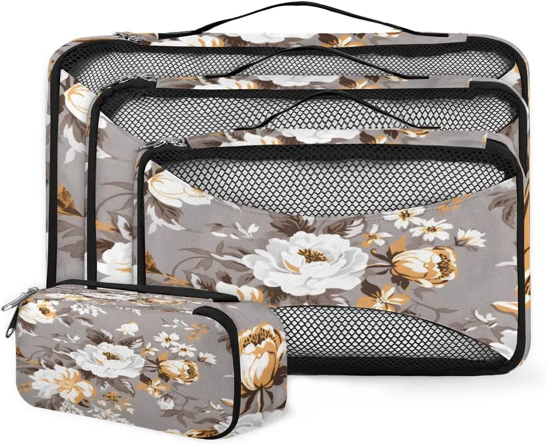 4 Set Packing Cubes for Suitcases, Travel Essentials for Carry on Luggage, Cute Flower Suitcase Organizers for Clothes Shoes Toiletries Travel Accessories in 4 Sizes - Artistic Flower