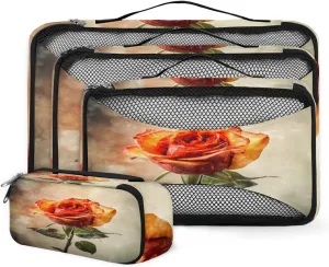 4 Set Packing Cubes for Suitcases, Travel Essentials for Carry on Luggage, Cute Flower Suitcase Organizers for Clothes Shoes Toiletries Travel Accessories in 4 Sizes - Rose Flower