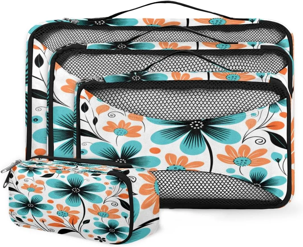 4 Set Packing Cubes for Suitcases, Travel Essentials for Carry on Luggage, Cute Flowers Suitcase Organizers for Clothes Shoes Toiletries Travel Accessories in 4 Sizes - Beautiful Flowers