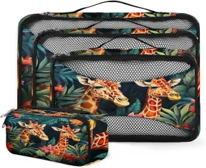 4 Set Packing Cubes for Suitcases, Travel Essentials for Carry on Luggage, Cute Giraffe Suitcase Organizers for Clothes Shoes Toiletries Travel Accessories in 4 Sizes - Forest Giraffe