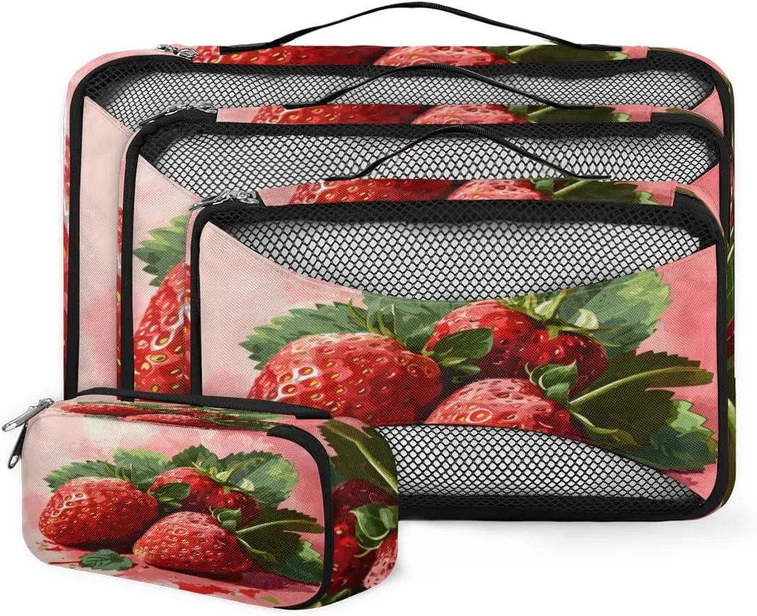 4 Set Packing Cubes for Suitcases, Travel Essentials for Carry on Luggage, Cute Strawberry Suitcase Organizers for Clothes Shoes Toiletries Travel Accessories in 4 Sizes - Graffiti Strawberry