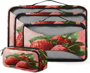 4 Set Packing Cubes for Suitcases, Travel Essentials for Carry on Luggage, Cute Strawberry Suitcase Organizers for Clothes Shoes Toiletries Travel Accessories in 4 Sizes - Graffiti Strawberry