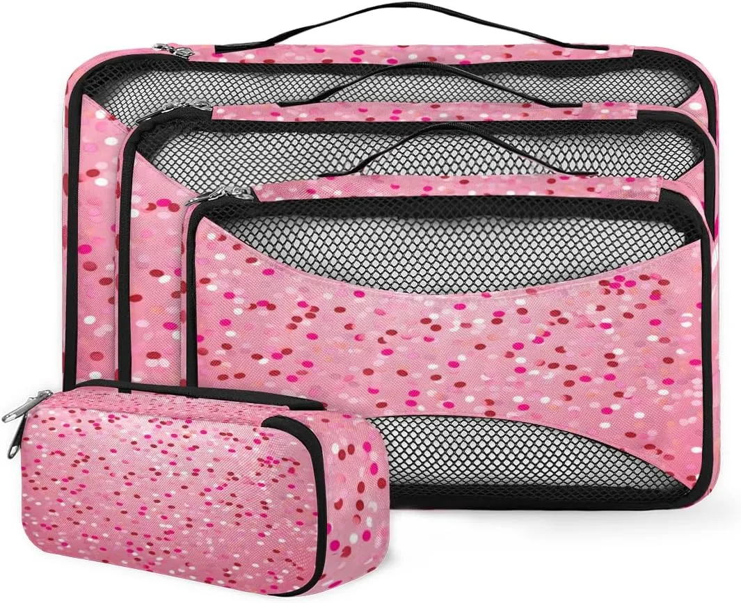 4 Set Packing Cubes for Suitcases, Travel Essentials for Carry on Luggage, Dark Pink Suitcase Organizers for Clothes Shoes Toiletries Travel Accessories in 4 Sizes - Glitter