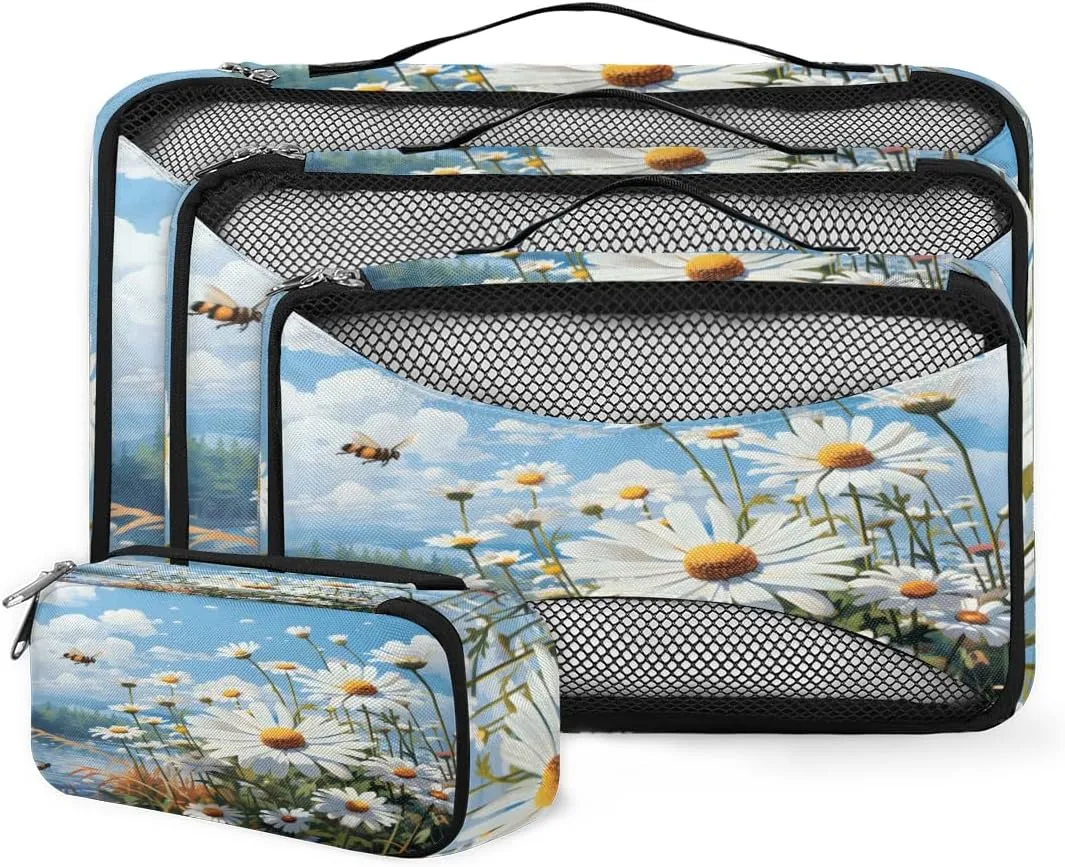 4 Set Packing Cubes for Suitcases, Travel Essentials for Carry on Luggage, Dreamy Bee Suitcase Organizers for Clothes Shoes Toiletries Travel Accessories in 4 Sizes - Fantastic Bee