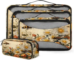 4 Set Packing Cubes for Suitcases, Travel Essentials for Carry on Luggage, Dreamy Bee Suitcase Organizers for Clothes Shoes Toiletries Travel Accessories in 4 Sizes - Flowers Bee