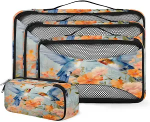 4 Set Packing Cubes for Suitcases, Travel Essentials for Carry on Luggage, Dreamy Bird Suitcase Organizers for Clothes Shoes Toiletries Travel Accessories in 4 Sizes - Pretty Birds