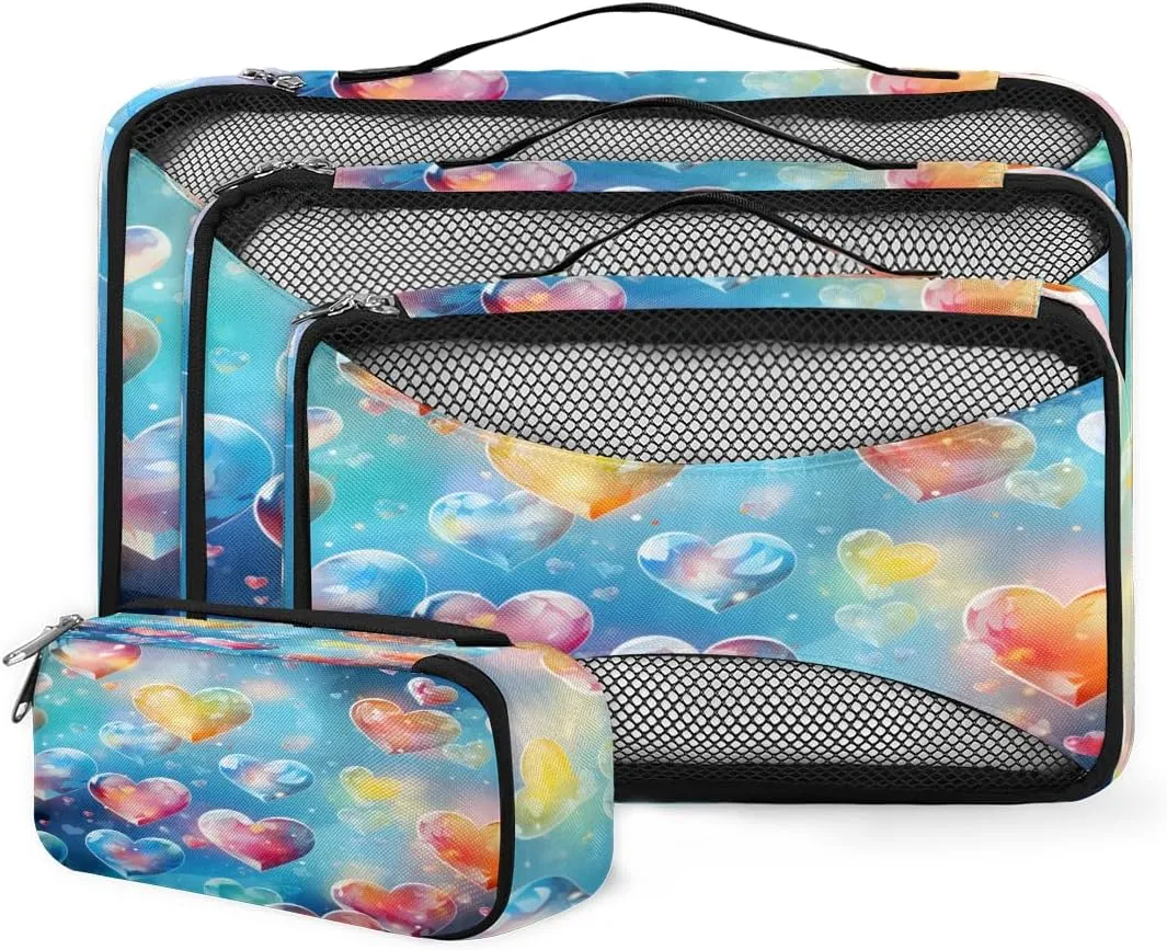 4 Set Packing Cubes for Suitcases, Travel Essentials for Carry on Luggage, Dreamy Heart Suitcase Organizers for Clothes Shoes Toiletries Travel Accessories in 4 Sizes - Abstract Heart