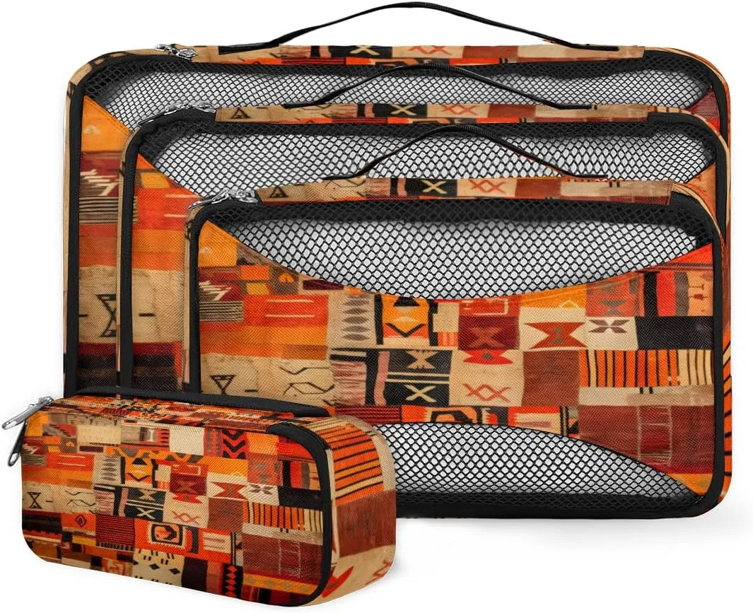 4 Set Packing Cubes for Suitcases, Travel Essentials for Carry on Luggage, Ethnic Aztec Suitcase Organizers for Clothes Shoes Toiletries Travel Accessories in 4 Sizes - Polynesian Pattern
