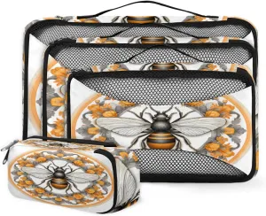 4 Set Packing Cubes for Suitcases, Travel Essentials for Carry on Luggage, Ethnic Bee Suitcase Organizers for Clothes Shoes Toiletries Travel Accessories in 4 Sizes - Cartoon Bee