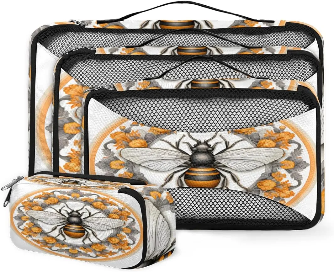 4 Set Packing Cubes for Suitcases, Travel Essentials for Carry on Luggage, Ethnic Bee Suitcase Organizers for Clothes Shoes Toiletries Travel Accessories in 4 Sizes - Cartoon Bee