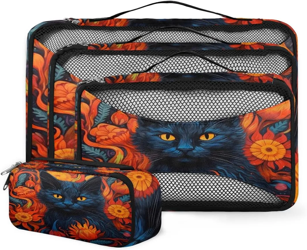 4 Set Packing Cubes for Suitcases, Travel Essentials for Carry on Luggage, Ethnic Cat Suitcase Organizers for Clothes Shoes Toiletries Travel Accessories in 4 Sizes - Graffiti Cat