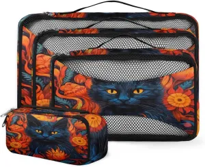 4 Set Packing Cubes for Suitcases, Travel Essentials for Carry on Luggage, Ethnic Cat Suitcase Organizers for Clothes Shoes Toiletries Travel Accessories in 4 Sizes - Graffiti Cat