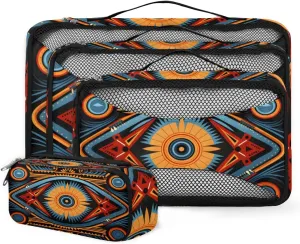 4 Set Packing Cubes for Suitcases, Travel Essentials for Carry on Luggage, Ethnic Eye Suitcase Organizers for Clothes Shoes Toiletries Travel Accessories in 4 Sizes - Retro Pattern
