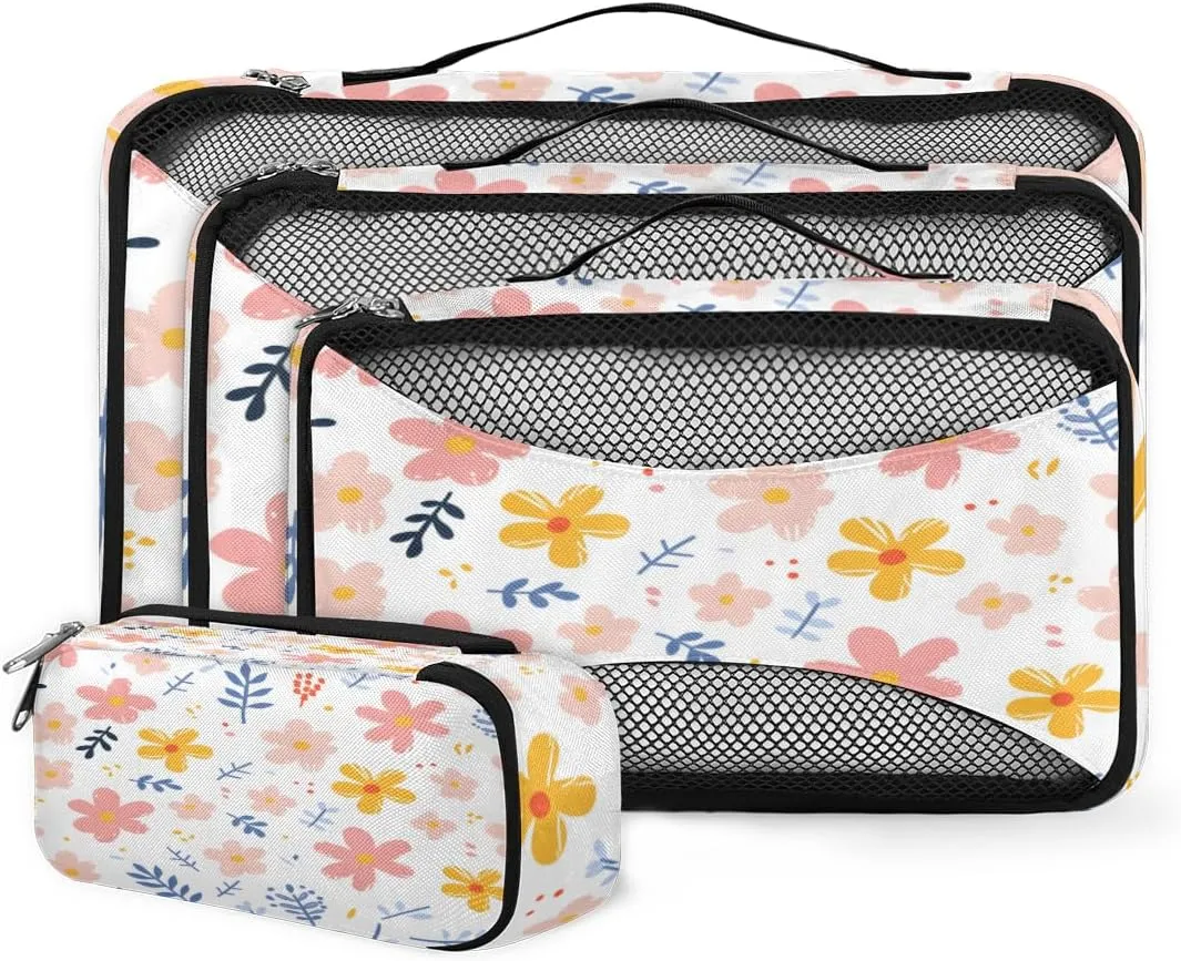 4 Set Packing Cubes for Suitcases, Travel Essentials for Carry on Luggage, Ethnic Flowers Suitcase Organizers for Clothes Shoes Toiletries Travel Accessories in 4 Sizes - Dreamy Flowers
